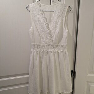 SHEIN Sleeveless V-Neck Mini Dress with Crochet Lace Details, Size S, White